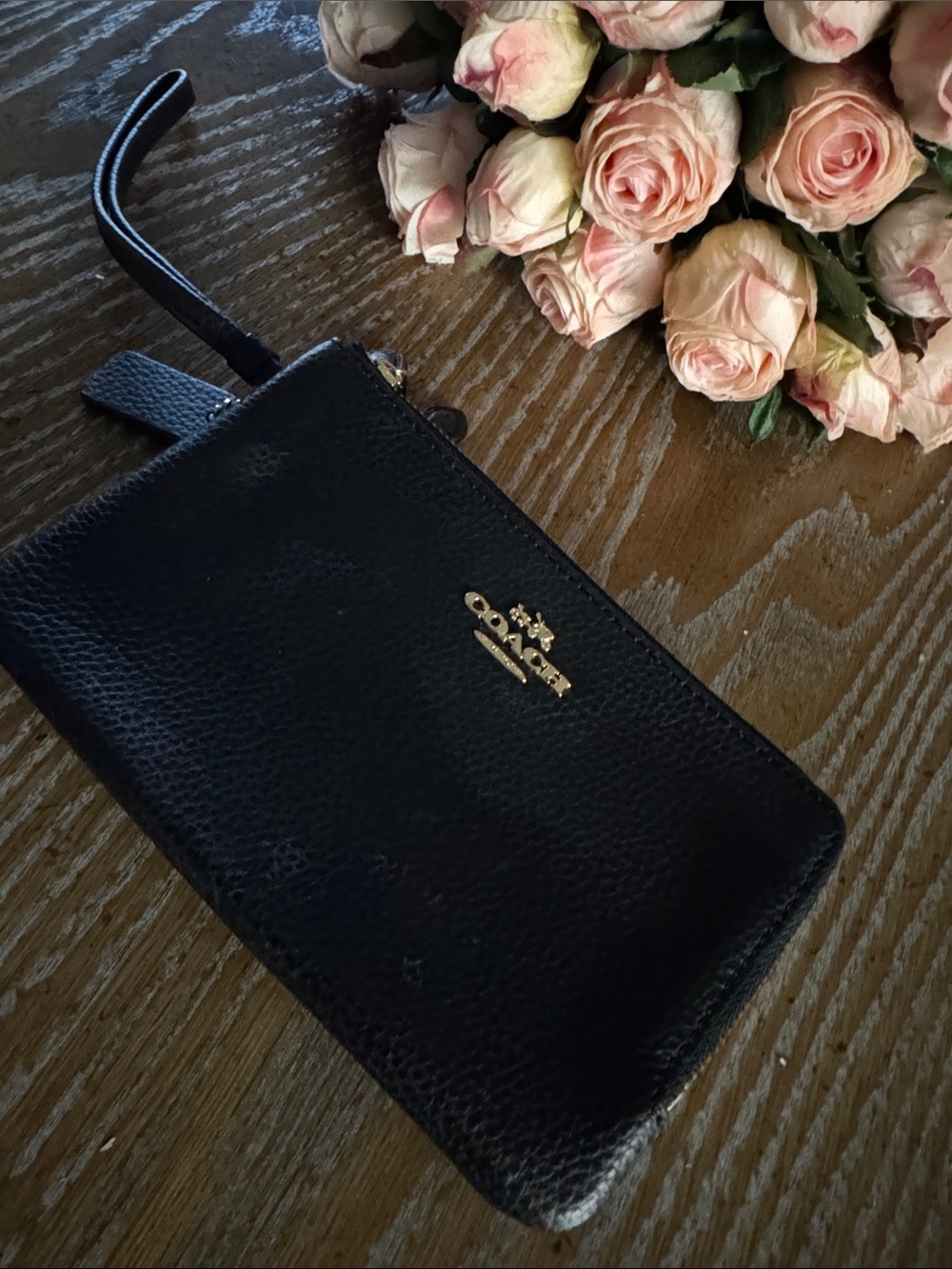 Coach Black Pebbled Leather Wristlet with Gold Logo